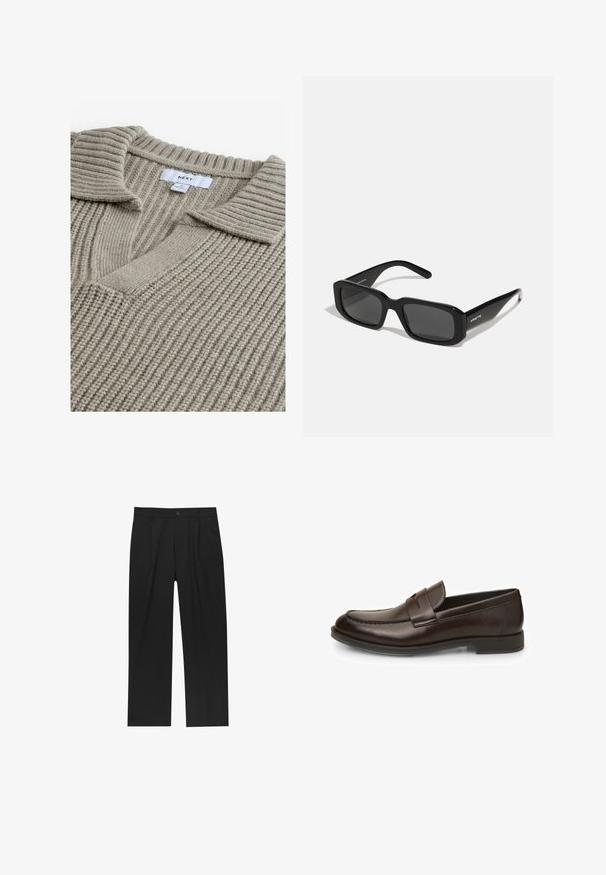 Beige kötött pulóver ribbet fésűs textúrával, V-nyakkal és lapos gallérral. Az anyag puhának és melegnek tűnik. Márkacímke jól látható.; Fekete nadrág egyenes szárú kialakítással, sima anyagból készült. Elöl redők és egy gombos záródás található a derékon.; Barna bőr loaferek sima textúrával, lekerekített orral és varrási részletekkel. Alacsony, réteges sarkuk van, és slip-on kivitel.; Arnette THEKIDD UNISEX - Napszemüvegek - black