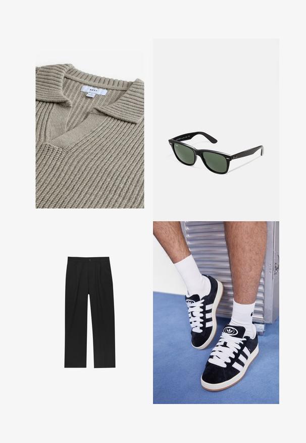 Beige strikket sweater med ribbet tekstur, der har en V-hals og flad krave. Stoffet ser blødt og varmt ud. Bredmærke synligt.; Sorte bukser med lige ben, lavet af et glat stof. Har frontfolder og en enkelt knaplukning i taljen.; Sorte ruskinds sneakers med hvide snørebånd og tre hvide striber. Har et rundt sort logo på tungen og en gummigummisål.; Sorte plastiksolkaber med grønne linser, firkantede stel, sølvaccent på brynene og teksturerede templede arme. Angivet mærke på den indre arm.