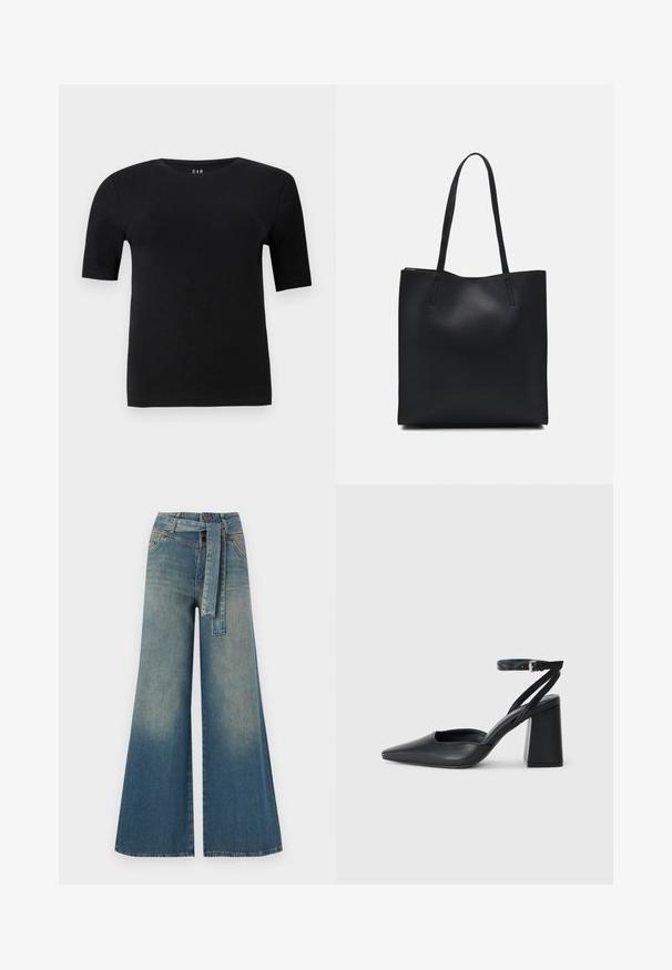 Fekete, rövid ujjú póló puha pamutból, kerek nyakkivágással és egyszerű dizájnnal, látható minták vagy díszítések nélkül.; Bőszárú farmernadrág, világos és sötétkék árnyalatokkal, magas derekú, övgyűrűkkel és a nadrággal megegyező anyagú övvel. Textúrált farmer kivitel.; Fekete bőr, hegyes orrú magassarkú cipő boka pánttal és vastag sarokkal. Sima textúra, elegáns dizájn és minimális esztétika.; Fekete bőrtáska sima felszínnel, téglalap alakú, két hosszú füllel. Nincs látható fémkiegészítő vagy díszítés.