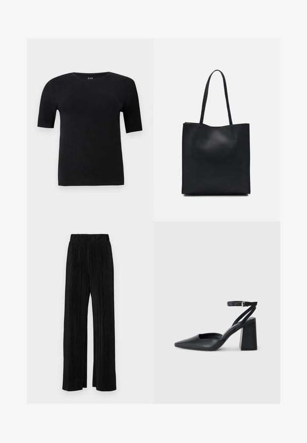 Schwarzes Kurzarm-T-Shirt aus weicher Baumwolle, mit rundem Halsausschnitt und einem einfachen Design ohne sichtbare Muster oder Akzente.; Schwarze plissierte Hose mit elastischem Bund. Verfügt über weite Hosenbeine und einen glatten, strukturierten Stoff mit vertikalen Streifen.; Schwarze Leder-Pumps mit spitzer Zehe, einem Knöchelriemen und einem blockigen Absatz. Flache Textur, elegantes Design und minimalistische Ästhetik.; Schwarze Laptoptasche aus Leder mit glatter Textur, rechteckiger Form und zwei langen Griffen. Keine sichtbaren Beschläge oder Verzierungen.