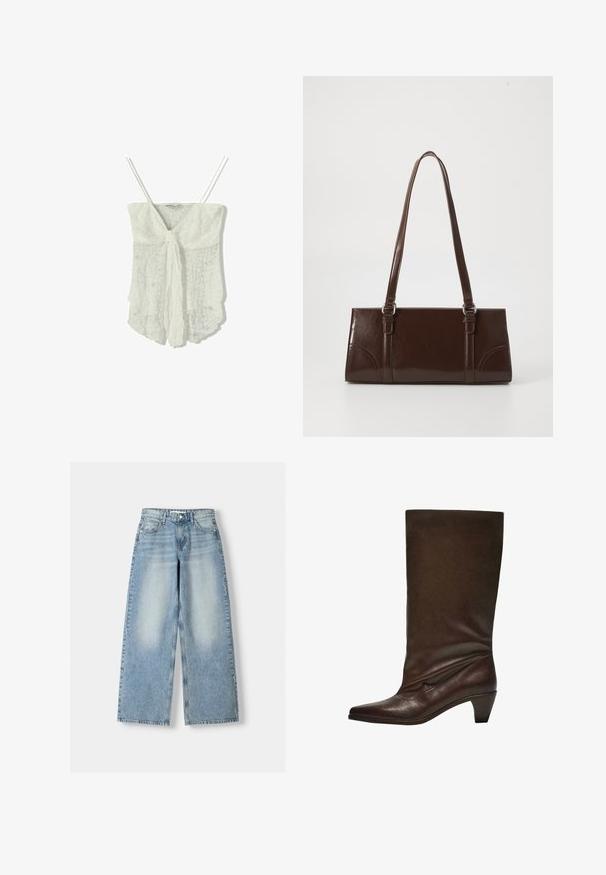 Fehér csipke top vékony pántokkal, elöl megkötő záródással és folyékony, enyhén texturált dizájnnal.; Világoskék, széles szárú, magas derekú farmernadrág, enyhén kopott hatással, öt zsebbel és egyenes szabással.; Sötétbarna bőr, középmagas csizma alacsony, tölcsér alakú sarokkal, hegyes orral és enyhén lecsúszott szárával fehér háttér előtt.; Barna lakkbőr kézitáska, téglalap alakú, két hosszú fogantyúval és finom ívelt díszítéssel az elején.