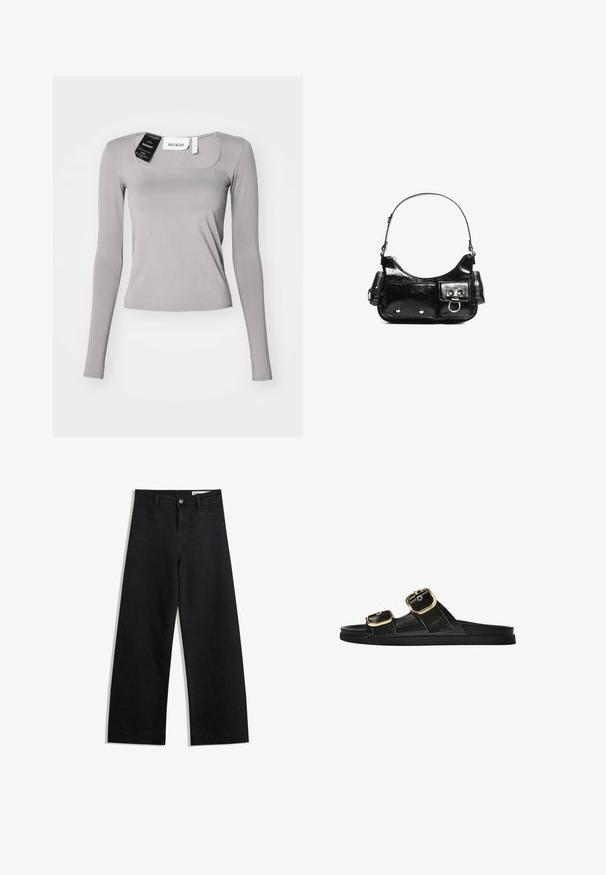 Dlhý rukáv tričko svetlosivej farby, s hranatým výstrihom, úzkym strihom a hladkým materiálom. Obsahuje štítky pripevnené na výstrihu.; Čierne denimové nohavice s širokými nohavicami a vysokým pásom, so prednými a zadnými vreckami, šitými švami a zapínaním na gombík. Hladká textúra.; Čierne šľapky s dvoma zlatými prackami, hladký textúrovaný materiál, plochá podrážka a minimalistický dizajn.; Čierna laková kožená kabelka s ohnutým tvarom, jedným ramenným popruhom, prednými vreckami a striebornými kovovými doplnkami.