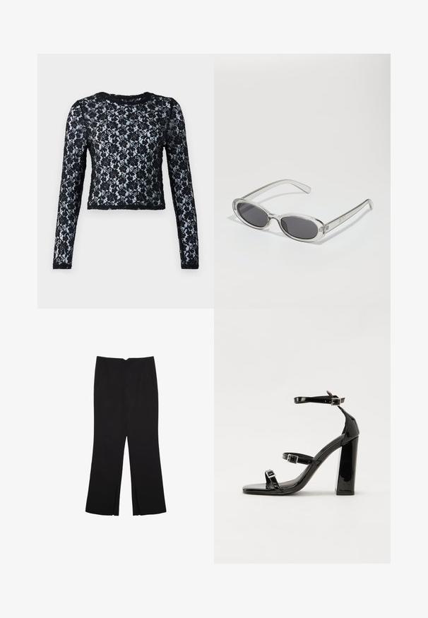 Sort langærmet crop top lavet af blonder, med blomster mønstre og rund udskæring, samt struktureret stof hele vejen igennem.; Sorte bukser med lige pasform, der har frontlommer og slidser i kanten. Lavet af blødt, glat stof. Velegnet til forskellige anledninger.; Sorte patenterede hælsandaler med firkantet tå, ankelremme og sølvspænder. Har en chunky blokHæl for stabilitet.; Solsikker med oval form, klar plastramme, mørkegrå linser og tynde gennemsigtige arme med logovariationer og minimal detaljer.; Sort læder tote taske med glat tekstur, rektangulær form og to lange hanke. Ingen synlig hardware eller udsmykninger.