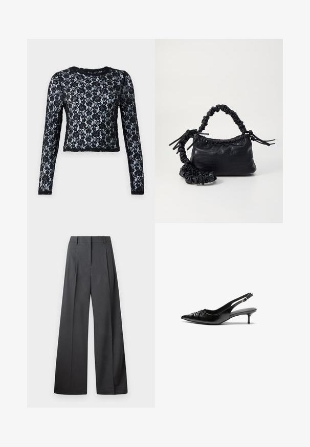 Crop top noir à manches longues en dentelle, avec des motifs floraux et un col rond, doté d'un tissu texturé sur l'ensemble.; Pantalons à jambes larges en tissu gris foncé, avec une taille haute, des plis simples et une texture lisse avec une finition soignée aux ourlets.; Escarpins slingback en cuir noir avec bout pointu, petit talon kitten et détail froncé sur le cou-de-pied. Texture lisse et design minimaliste.; Sac à main en simili cuir noir avec une texture crocodile, un dessus resserré et une sangle froncée. A l'apparence douce et compacte.