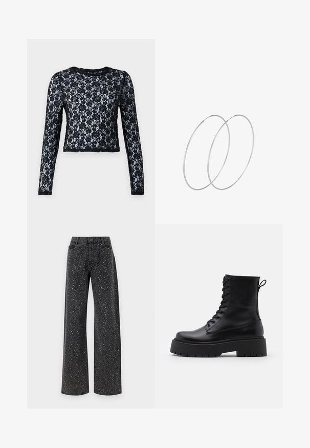 Černý krajkový crop top s dlouhým rukávem, zdobený květinovými vzory a kulatým výstřihem, vyrobený z texturovaného materiálu.; Noisy May NMJANNEL LOOSE - Džíny Relaxed Fit - black denim; Černé kožené kotníkové boty s kulatou špičkou, šněrováním na přední straně a silnou gumovou podešví s texturovaným vzorkem. S poutkem vzadu.; Stříbrné kruhové náušnice s minimalistickým designem. Kruh, hladký povrch a tenký profil. Lehká konstrukce s lesklým povrchem.