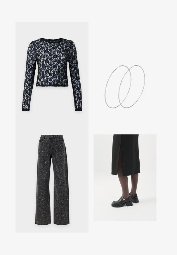 Crna dugačka majica kratkog kroja od čipke, s cvjetnim uzorcima i okruglim izrezom, sa teksturiranim materijalom.; Noisy May NMJANNEL LOOSE - Traperice opuštenog kroja - black denim; Crne kožne cipele s zaobljenim vrhom, debelim blok petama i elastičnim bočnim detaljima, uparene s tamnim čarapama i crnom suknjom s prorezom.; Srebrne okrugle naušnice s minimalističkim dizajnom. Kružni oblik, glatka tekstura i tanak profil. Lagane s poliranim završetkom.