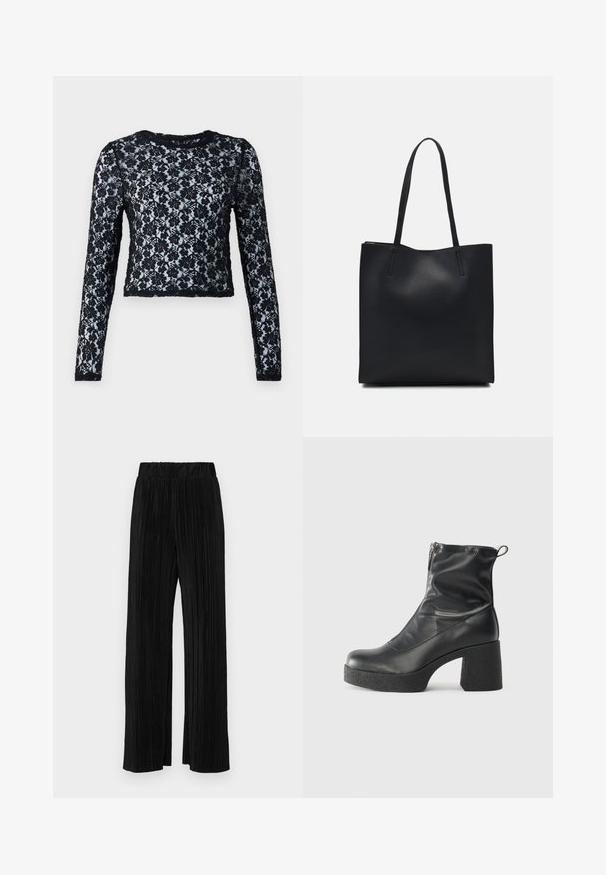 Black long-sleeve crop top made from lace, featuring floral patterns and a round neckline, with textured fabric throughout.; Black pleated trousers with an elastic waistband. Features wide legs and a smooth, textured fabric with vertical stripes.; Black ankle boots made of smooth leather, featuring a side zipper, chunky textured heel, and rounded toe design.; Black leather tote bag with smooth texture, rectangular shape, and two long handles. No visible hardware or embellishments.