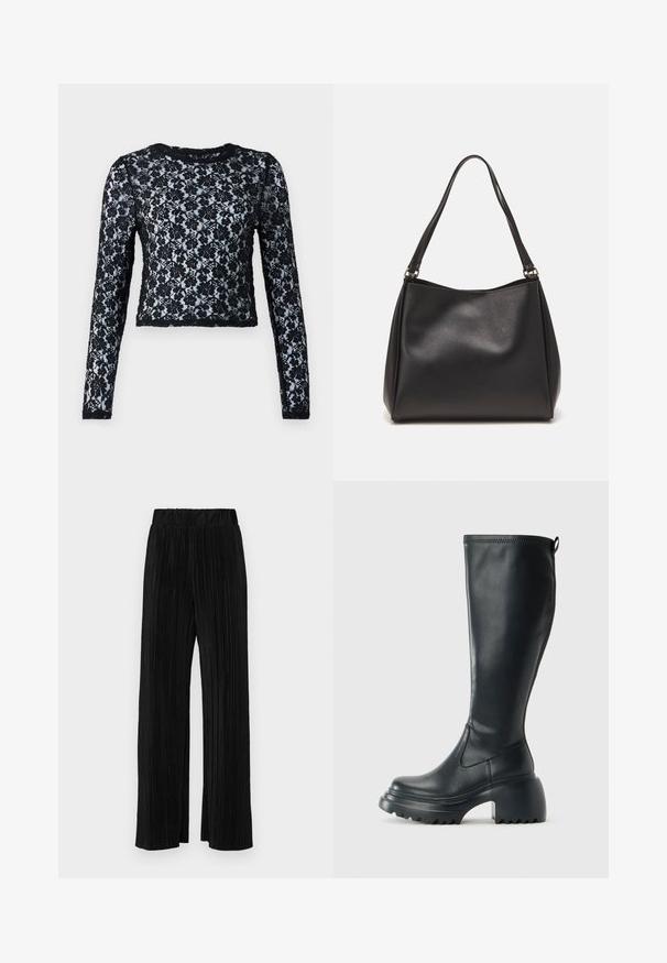 Top scurt negru cu mânecă lungă, confecționat din dantelă, cu modele florale și guler rotund, având un material texturat pe întreaga suprafață.; Pantaloni negri plisati cu talie elastică. Prezintă picioare largi și un material neted, texturat, cu dungi verticale.; Cizme lungi din piele neagră cu talpă platformă masivă și tocul pătrat, având un tab de tragere și un model texturat pe talpa exterioară.; Geantă de mână din piele sintetică neagră, cu o textură moale, formă hobo și două bretele pentru umăr; prezintă un finisaj lucios și un design minimalist.