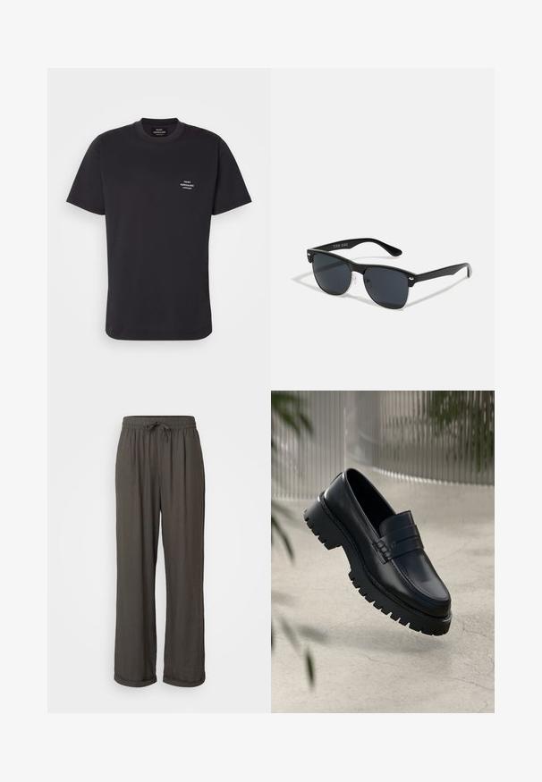 Fekete pamut póló kerek nyakkal, rövid ujjal, és egy apró fehér logóval a bal mellrészen. Egyszerű dizájn, puha tapintás.; Sötétszürke, bővülő lábú nadrág, zsinóros derekú, puha, texturált anyagból készült, és a bokáknál felgöngyölített ujjak jellemzik.; Fekete bőr loaferek masszív talppal, díszes pánttal és varrási részletekkel. Simább textúrájú, fényes felületű.; Fekete napszemüveg, téglalap alakú, sötét lencsékkel, ezüst részletekkel a szárakon, és matt felülettel a kereten.