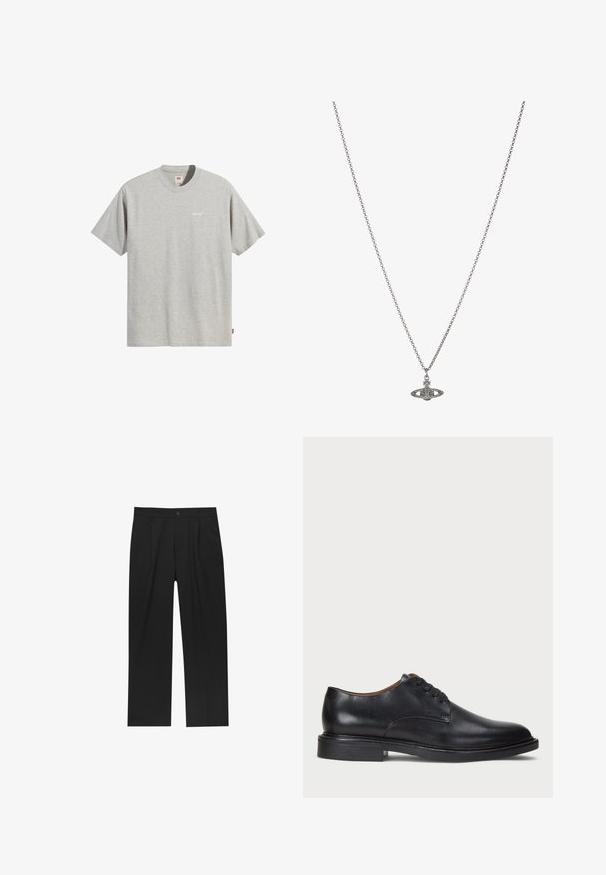 Grå bomullströja med rund halsringning, korta ärmar och en liten vit "Levi's"-logotyp på bröstet. Enkelt och rakt snitt.; Svarta byxor med rak ben-design, tillverkade av ett jämnt tyg. Har framfickor och en enkel knapplåsning i midjan.; Svart läderklänningsko med rund tå, snörning och låg staplad klack. Slät yta med minimala sömdetaljer.; Silverkedja med hängsmycke i form av en planet, prydd med små detaljer och intrikata mönster.