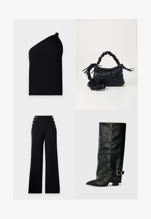 Top assimétrico preto sem mangas feito em tecido suave, com um detalhe em nó no ombro e uma silhueta ajustada.; Calças largas de cintura alta pretas com botões dourados na frente e bolsos em ambos os quadris, num fundo branco.; Botas de couro preto até ao tornozelo com ponta afiada, textura lisa e detalhe em fivela prateada de lado. Salto quadrado robusto.; Bolsa de mão em couro sintético preto com textura de crocodilo, topo franzido e alça enrugada. Apresenta um design suave e compacto.