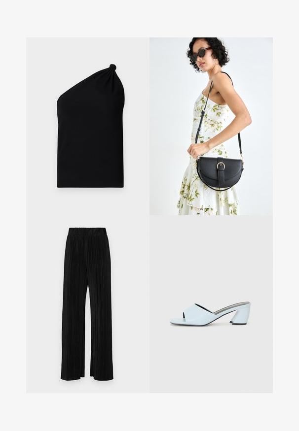 Asimetrinė juoda be rankovių palaidinė, pagaminta iš lygaus audinio, su mazgu ant peties ir prigludusia siluetu.; Juodi plisuoti kelnės su elastine juosta. Turėkite plačias kojas ir glotnų, tekstūrinį audinį su vertikaliais dryžiais.; Šviesiai mėlynos atvirų pirštų kulno mules su geometriniu dizainu, turinčios plačią juostą per pėdą ir stambų, kampuotą kulną.; Juodas odinis krepšys su išlenkta forma, nuimamu dirželiu ir auksiniais detalėmis. Krepšys turi kilpą su sagtimi.
