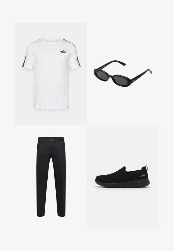 White short-sleeve t-shirt with black Puma logo on the chest and patterned black accents on the shoulders. Cotton material, standard fit.; Black tailored trousers made from a smooth fabric featuring a button closure, belt loops, and side pockets, with a straight-leg design.; Black slip-on sneaker with a breathable mesh upper, round toe, and cushioned rubber sole. Features a logo on the side.; Black oversized sunglasses with oval lenses, smooth plastic frame, and gold accents on temple. Dark lenses provide sun protection.