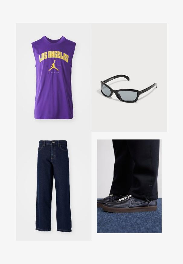 Lila ärmlös skjorta med "LOS ANGELES" i stora gula bokstäver, en svart Jordan-logotyp och en mjuk, lätt tygtextur.; Mörkblå vida jeans i denim med rak skärning, femficksdesign och avslutande sömmar längs nederkanten.; Nike Sportswear KILLSHOT 2 LTR PRM OPP2 - Sneakers - black sail baroque brown mtlc dk grey; Svarta solglasögon med en elegant, vinklad design. Har grå linser och glänsande plastbågar. Inkluderar små metallaccentueringar och logotyp på armen.