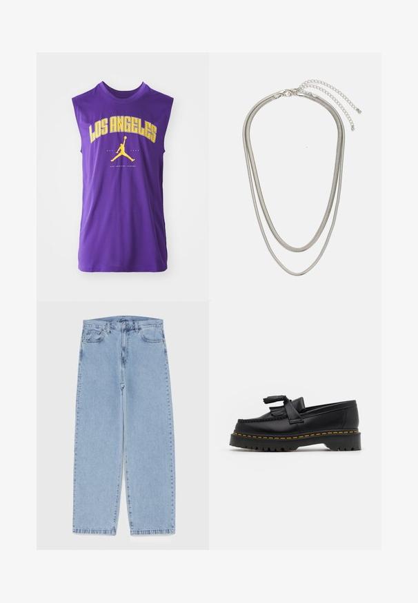 Lila ärmlös skjorta med "LOS ANGELES" i stora gula bokstäver, en svart Jordan-logotyp och en mjuk, lätt tygtextur.; Ljusblå denimjeans med rak bendesign, midjehög midja, fem fickor samt knapp- och dragkedjestängning.; Svart läderloafer med en tofsdetalj, med en kraftig svart sula och gul söm längs kanten. Strukturerad yta.; Tre-lager silvermetallhalsband med eleganta, flexibla kedjor med en svag glans, säkrad med ett kräftklämma och justerbar kedja.