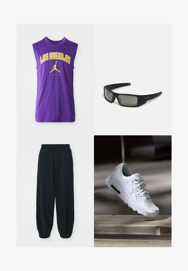 Ljubičasta majica bez rukava s natpisom "LOS ANGELES" velikim žutim slovima, crnim Jordan logotipom i glatkom, laganom tkaninom.; Crne, dukserice s elastičnim strukom, širokog kroja, s manžetama na gležnjevima, glatke teksture i bez vidljivih uzoraka ili metalnih detalja.; Bijela Nike Air Max 90 tenisica s gornjim dijelom od mrežice i kože, perforiranim prstima i vidljivom zračnom jedinicom u peti.; Crne sunčane naočale s mat površinom, pravokutnim staklima, blagim zakrivljenjima na sljepoočnicama, suptilnim logotipom i dimnim staklima.