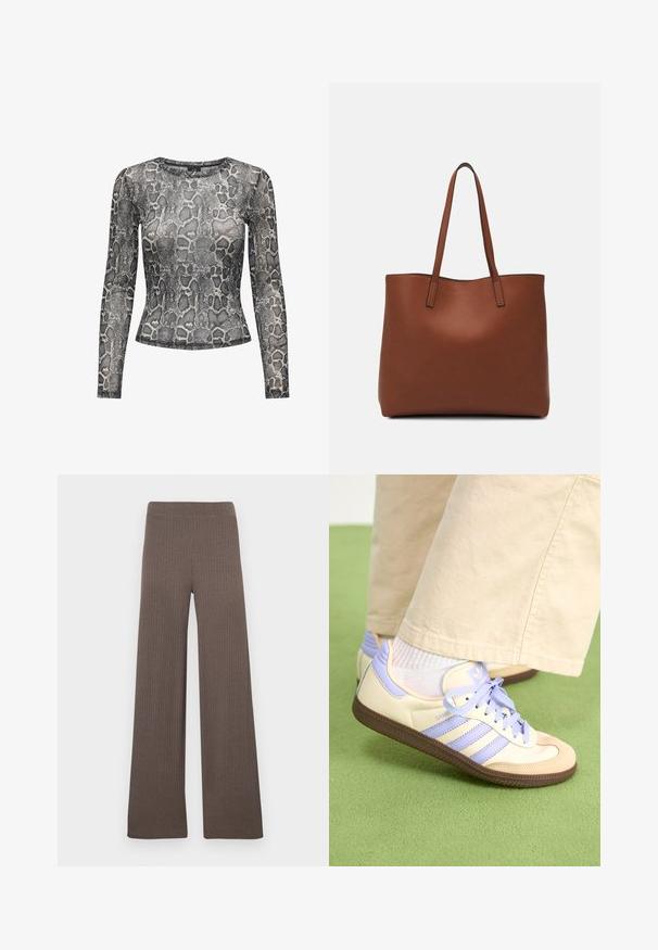 Ilgų rankovių palaidinė su prigludusiu dizainu, dekoruota juodai baltu gyvatės raštu ant lengvos, permatomos medžiagos.; Tamsiai rudos spalvos plačios kelnes su briaunotu audiniu, elastinga liemene ir minkštu, tekstūruotu audiniu.; Kreminės ir levandų spalvos sportbačiai su trims juostelėmis ir tekstūruota ruda padais, su raišteliais ir paminkštintu kulnu. Minkšta medžiaginė viršutinė dalis.; Ruda odinė priekabų krepšys su glotnia tekstūra, atviru viršumi ir dviem petnešomis. Su minimalia siuvimo detalėmis ir nematoma aparatūra.