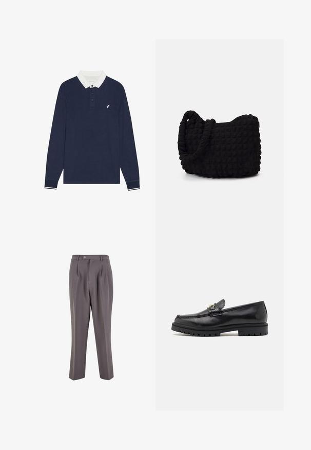 Námornícky polo triko s dlouhým rukávem a bílým límečkem, tříknoflíkovou légou a vyšitým logem. Rukávy mají pruhované manžety v bílé a námořnické modré.; Šedé plisované kalhoty vyrobené z hladké látky, se střihem rovný nohavice, zapínáním na jeden knoflík a šikmými bočními kapsami.; Černé kožené mokasíny s hladkým povrchem, kulatou špičkou, ozdobným páskem se zlatou kovovou sponou a robustní černou podrážkou.; Černá látková taška s texturovaným, prošívaným vzorem. Zaoblený tvar, krátké, silné uchy a měkká, flexibilní struktura.