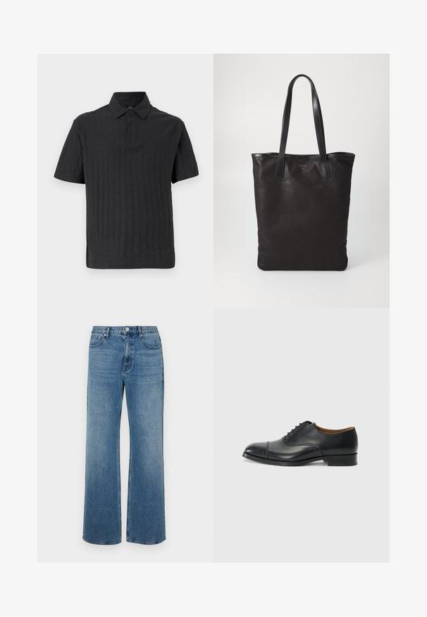 Musta lyhythihainen polo-paita, jossa on teksturoitu timanttikuosi, kolme nappia edessä ja klassinen kaulus. Valmistettu pehmeästä ja hengittävästä kankaasta.; Levelederg blå jeans laget av denim med en falmet finish. Har fem lommer, glidelås foran og rett snitt.; Mustat nahkakengät, joissa on sileä pinta, pyöreä kärki, viisi rei'itystä nauhoja varten ja matala lohko korko. Minimalistinen muotoilu hienovaraisella ompelulla.; Mustat kangaskassit mustilla nahkahandleilla. Yksinkertainen muotoilu, tilava runko ja sileä pinta. Ei näkyviä logoja tai kuvioita.