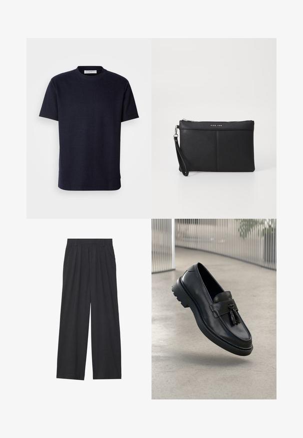 Tumši zila t-kreklu ar īsām piedurknēm un apaļu kakla izgriezumu, kas izgatavots no teksturēta auduma, ar taisnu griezumu un sānu šķēlumiem vieglai kustībai.; Platas piegriezuma bikses no tumši pelēka auduma. Iezīmes - izgriezumi jostasvietā, veidota forma un taisna silueta.; Melnas ādas loaferi ar gludu apdari, dekoratīvu bārkstīm, biezu gumijas zolīti un izšūtām detaļām. Viegls un elegants dizains.; Melna sintētiska rokassoma ar rāvējslēdzēja aizdari, roku siksnu un gludu tekstūru. Iezīmējas ar smalku šūšanu un logo iespiestu priekšpusē.