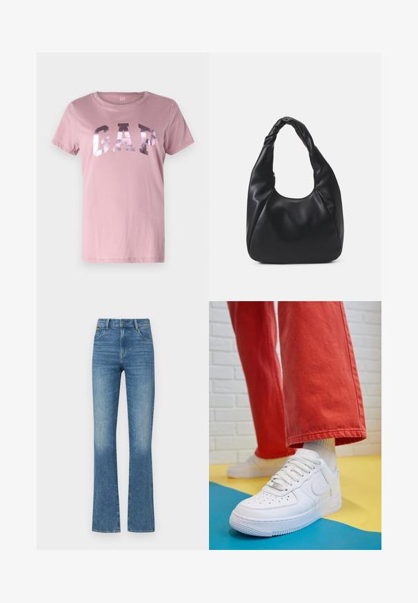 Rózsaszín pamut póló rövid ujjakkal, kerek nyakkal és fémes GAP logóval a mellkason. Puha tapintású, laza fazon.; Fellengő kék farmernadrág, enyhén kopott textúrával, öt zsebbel és gombos záródással a deréknál. Szakadt részletek az alján.; Fehér bőr edzőcipő perforált orral, texturált talppal és fehér fűzővel, széles vörös nadrággal párosítva, kék és sárga háttérrel.; Fekete hobo táska sima bőrszerű anyagból, csavarodott füllel, puha, lekerekített formával és felső cipzárral záródik.; Arany fülbevalók sima, fényes felülettel. Kör alakú dizájn, amely kis kapoccsal és átlátszó tartozékkal rendelkezik a biztonságos viselés érdekében.