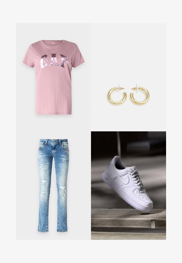 Roze katoenen T-shirt met korte mouwen, ronde halslijn en metalen GAP-logo op de borst. Zachte textuur, casual pasvorm.; Lichtblauwe denim jeans met een relaxte pasvorm, voorzien van versleten details, een knopenfly met twee knopen en rechte pijpen.; Witte Nike Air Force 1 sneaker die zweeft boven een betonnen oppervlak met schaduwen in een minimalistische setting.; Gouden creolen met een gladde, glanzende afwerking. Circulaire vormgeving met een kleine post en een doorzichtige achterkant voor een veilige draagervaring.