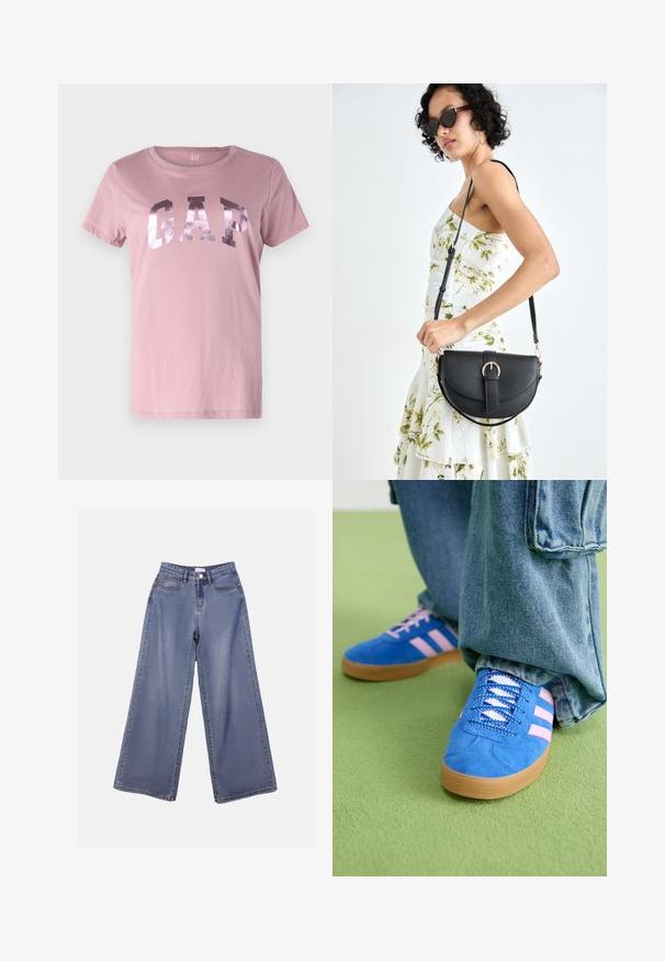 Pink cotton t-shirt with short sleeves, round neckline, and metallic GAP logo across the chest. Soft texture, casual fit.; Wide-leg denim jeans in a light blue wash, featuring a high waist, front pockets, and a button closure with belt loops.; Blue suede shoes with pink stripes and white laces, featuring a gum rubber sole, paired with loose denim pants on a green surface.; Black leather handbag with a curved shape, detachable strap, and gold hardware. The bag features a flap with a buckle detail.