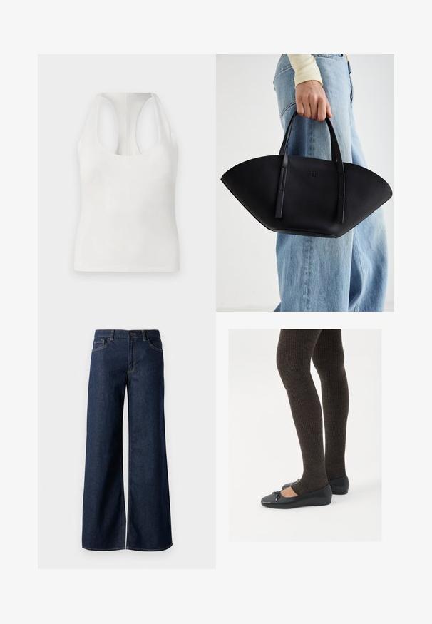 Witte mouwloze top van zacht materiaal, met een ronde halslijn en racerback ontwerp, een gladde textuur en zonder zichtbare patronen.; Stijlen met wijde pijpen in donkerblauw denim. Kenmerkt zich door contrasterende stiksels, vijf zakken en een knoopsluiting in de taille. Soepele textuur.; Zwarte platte schoenen met een kleine strikdetail op de neus, gecombineerd met donkerbruine geribbelde panty’s. De schoenen hebben een gladde textuur en een lage profiel.; Zwarte leren handtas met een unieke waaier vorm, voorzien van platte handvatten. Het oppervlak heeft een gewelfde textuur en een minimalistisch ontwerp.