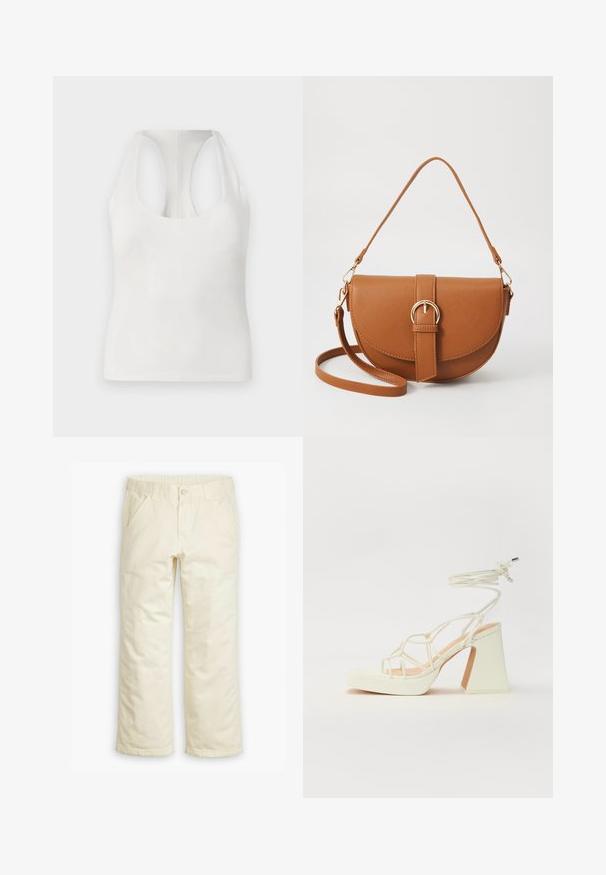 Haut sans manches blanc en tissu doux, avec un décolleté arrondi et un design dos nageur, texture lisse et sans motifs visibles.; Pantalons en coton couleur crème avec une coupe droite, dotés de poches avant, d'une fermeture à bouton et glissière, ainsi qu'une taille élastique.; Sandale blanche à talons hauts avec un talon épais, présentant un design à lanières et un lien autour de la cheville. Texture lisse avec une plateforme à l'avant pour une hauteur supplémentaire.; Sac bandoulière en cuir marron avec une forme incurvée, quincaillerie dorée et un accent en boucle. Comprend une bandoulière détachable.