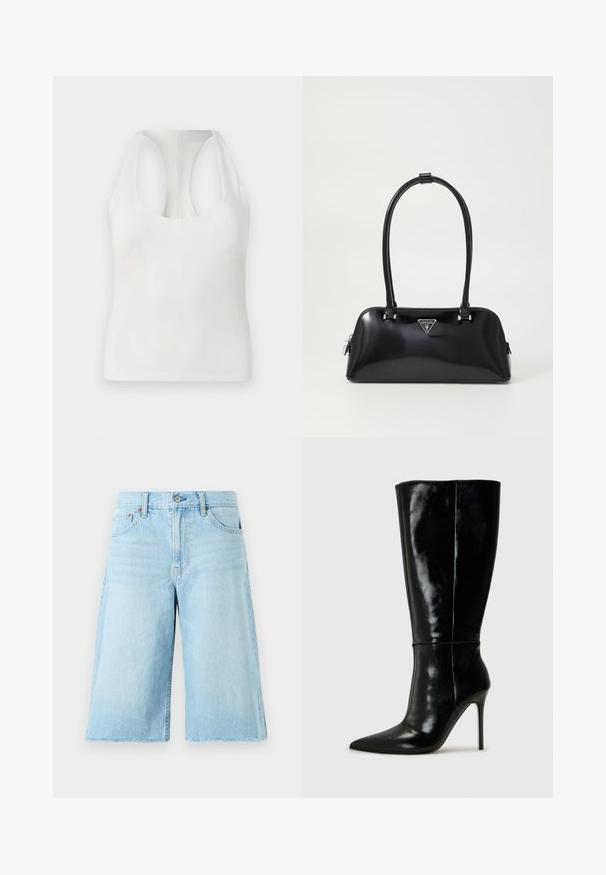Hvit ärmløs topp laget av mykt stoff, med rund halslinning og racerback-design, glat tekstur, og ingen synlige mønstre.; Lyseblå denimshorts med løs passform, frynset kant, fem lommer og metallbeslag. Klassisk jeansdesign med subtil falming.; Sorte skinnkne-høye støvler med spiss tå og høye stiletthæler. Glatt tekstur og elegant design, med minimal detaljering.; Svart, blank håndveske med buet silhuett, to håndtak og en logo-plakett på forsiden. Glidelåslukking og blanke hardware-detaljer.