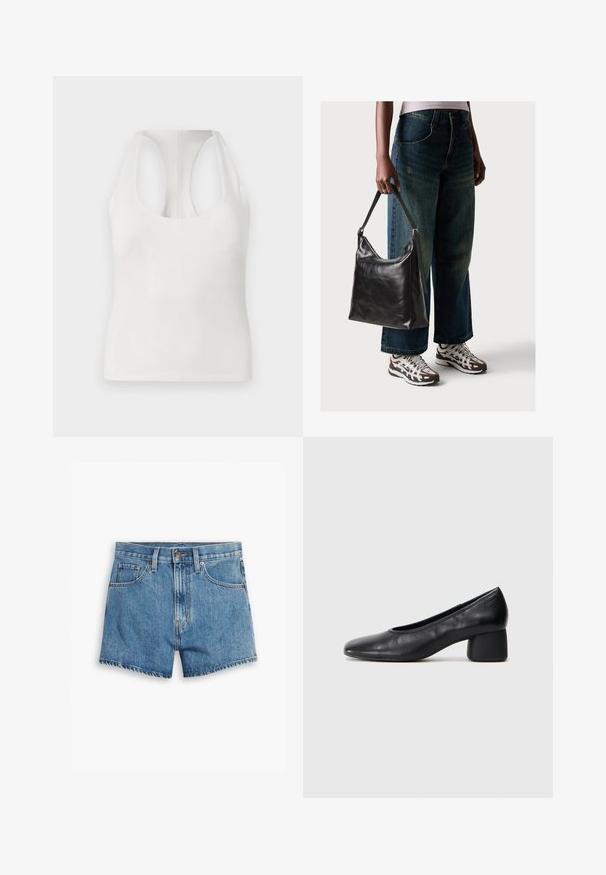 Weißes, ärmelloses Top aus weichem Stoff mit rundem Ausschnitt und Racerback-Design, glatte Textur und ohne sichtbare Muster.; Hellblaue Denim-Shorts mit fünf Taschen, einem Reißverschluss und einem Knopfverschluss. Der Saum ist fransig und das Design bietet eine lässige Passform.; Schwarze Lederpumps mit runder Zehenpartie und mittelhohem Blockabsatz. Glatte Textur mit minimalen Details, ausgestattet mit einem dezenten elastischen Einstieg.; Schwarze Leder-Schultertasche mit glatter Textur und verstellbarem Riemen, kombiniert mit ausgewaschenen weit geschnittenen Jeans und sportlichen Sneakern.