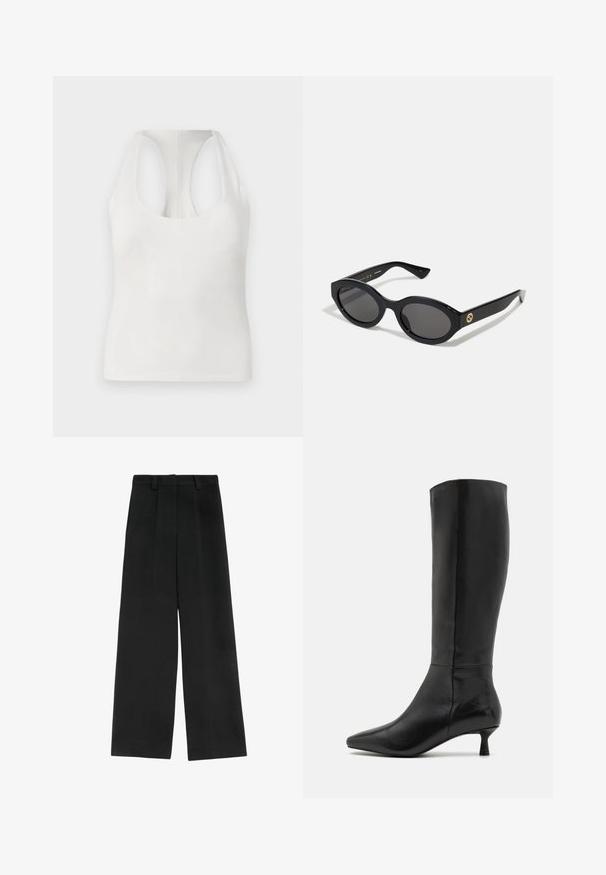 Haut sans manches blanc en tissu doux, avec un décolleté arrondi et un design dos nageur, texture lisse et sans motifs visibles.; Pantalons larges noirs à taille haute, avec deux plis à l'avant, des passants de ceinture et une texture lisse. Sans poches ni matériel visible.; Zign Bottes - black; Lunettes de soleil ovales noires avec des verres sombres et une monture en plastique brillant. Présente un logo doré sur la branche, offrant un design épuré et moderne.; Sac à épaule en cuir noir avec une texture lisse, doté d'une fine bandoulière longue et d'un discret détail cousu au centre.