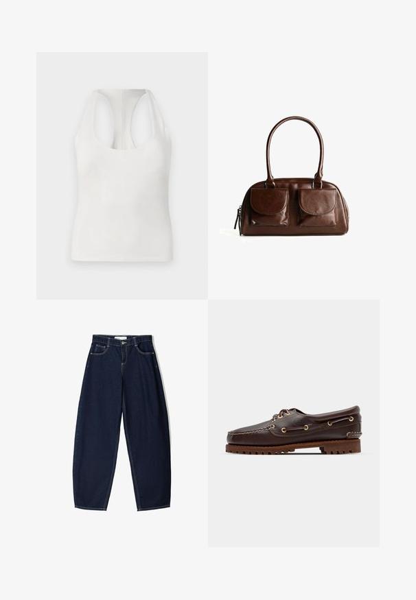 Weißes, ärmelloses Top aus weichem Stoff mit rundem Ausschnitt und Racerback-Design, glatte Textur und ohne sichtbare Muster.; Dunkelblaue Jeanshose mit lockerer Passform, ausgestattet mit fünf Taschen, kontrastierenden Nähten und einem Reißverschluss vorne.; Braune Lederbootsschuhe mit goldenen Ösen, runden Schnürsenkeln und einer strukturierten braunen Gummisohle. Verfügt über genähte Details und ein erhabenes Logo.; Braune Lederhandtasche mit zwei Vorderklappen, abgerundeten Griffen und einem Reißverschluss an der Seite vor einem weißen Hintergrund.