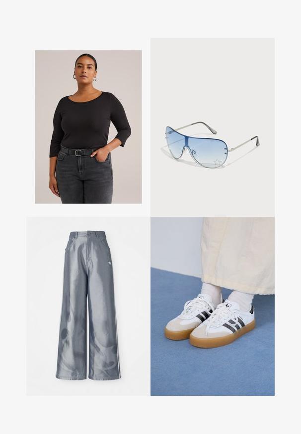 Femeie cu părul închis la culoare prins într-un coada, purtând cercei rotunzi din argint, tricou negru cu mânecă trei sferturi și blugi gri cu talie înaltă și curea neagră.; Pantaloni cu picioare largi din material lucios gri, având dungi laterale albe și un model cu flăcări pe picioarele inferioare. Închidere cu nasture și fermoar la talie.; Adidași albi cu dungi negre și accente din suede bej. Au talpă din cauciuc texturat și șireturi albe plate, purtați cu șosete de culori deschise.; Ochelari de soare aviator cu lentilă gradient albastră, ramă metalică argintie și accente decorative sub formă de stele pe lentilă. Design neted și elegant.