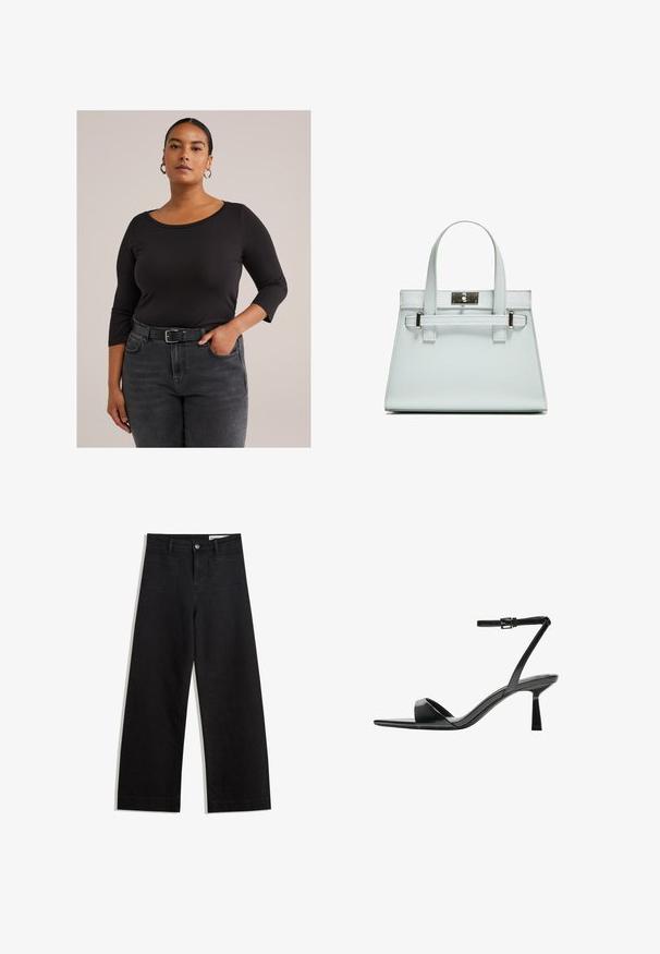 Ženska z dolgimi temnimi lasmi, spuštenimi nazaj, nosi srebrne obroče, črno majico s tremi četrtinami rokavi in visoko pasom sive kavbojke z črnim pasom.; Črne široke denim hlače z visokim pasom, ki imajo sprednje in zadnje žepe, šivane šive ter gumbasto zapiranje. Gladka tekstura.; Bershka Sandali z visoko peto - black; Svetlo modra torbica z oblikovano zasnovo, dvema ročkama in kljuko iz srebrno-toniranega materiala. Teksturni material in ostri koti.