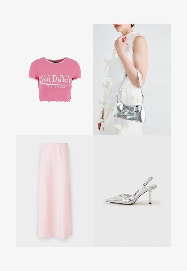Roosa lühike t-särk ribatud kangast valge lainelise servaga. Esiküljel on valge trükitud "Von Dutch" logo. Lühikesed varrukad.; Heledu roosa satiinist maksiskirt, millel on elastne vöökoht, sujuva tekstuuri ja lihtsa, voolava siluettiga.; Hõbedased slingback kõrged kontsad terava ninaga, metalne viimistlus, kaks dekoratiivset rihma ja sihvakad kontsad musta otsaga.; Hõbedane metallik käekott struktureeritud kujuga, millel on ülemine sang ja ettepoole suunatud paeladetail. Sile tekstuur, peegeldav viimistlus.