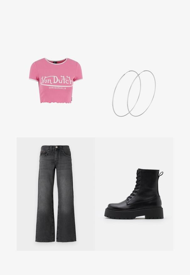 Rožinė trumpa marškinė su šonkauliuota medžiaga ir balta banguota apatine dalimi. Priekyje yra balta "Von Dutch" logotipo spauda. Trumpi rankovės.; Tiesios kojos džinsai tamsiai pilkos spalvos džinsinio audinio. Yra penki kišenės, mygtuko užsegimas ir subtilus išblukimas audinyje. Klasikiniai siuvimo akcentai.; Juodos odinės aulinukės su apvalia nosimi, raišteliais priekyje ir storesniu guminio pado apačioje su tekstūruotu raštu. Priekyje yra kilputė.; Sidabrinės pusmėnulio auskarai minimalistiniu dizainu. Apskritimo forma, lygus paviršius ir plonas profilis. Lengvi su poliruotu apdailu.