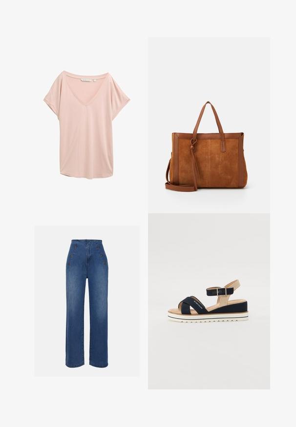 Ljust rosa V-ringad t-shirt med korta ärmar, med en avslappnad passform och slät textur. Tagg i nacken synlig, storlek small.; Höga jeans i medelblått. Har knappar framtill och vida ben. Tyget har en slät textur med lätt blekning.; Marinblå sandal med två tygremmar, justerbar ankelrem och texturerad beige baksida. Tjock, vit, scalloped sula. Märket tryckt på remmen.; Brun mocka tote-väska med läderdetaljer, som har två handtag, ett avtagbart axelband och en enkel, strukturerad design.