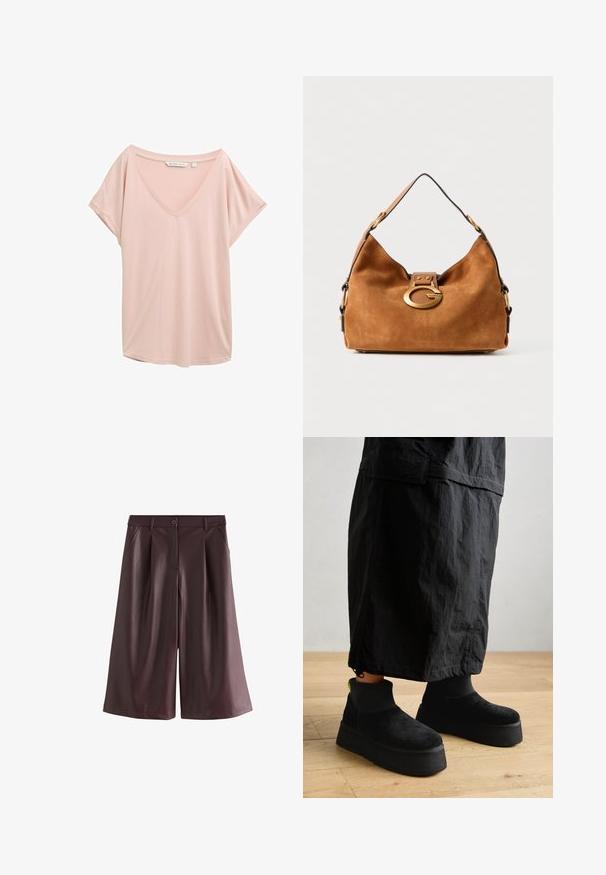 Bledoružové tričko s V-výstrihom a krátkymi rukávmi, s voľným strihom a hladkou textúrou. Odznačkový štítok je viditeľný na krku, veľkosť malá.; Hnedé široké šortky z umelej kože s prednými vreckami, pútkom na opasok a zapínaním na gombík.; Čierne platformové členkové čižmy vyrobené z mäkkej semišovej usne s hladkým povrchom a hrubou podrážkou. Majú rebrový vzor a neónový akcent na päte.; Hnedá semišová kabelka s zaobleným tvarom, zlatou kovovou sponou a kontrastným čiernym lemovaním. Obsahuje jeden ramenný popruh na nosenie.