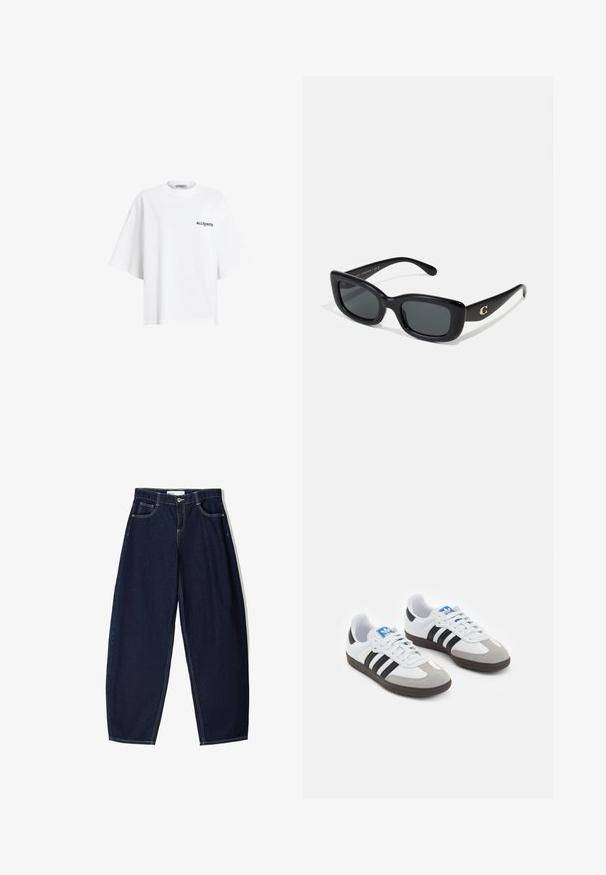 Vit oversized t-shirt i bomull med korta ärmar och rund halsringning, med en liten svart textlogotyp på vänster bröst.; Mörkblå denimbyxor med lös passform, med fem fickor, kontrasterande sömmar och dragkedjeöppning fram.; Sportskor med överdel i vit läder, grå mocka på tårna och tre svarta ränder. Har en blå logotyp på tungan och en texturerad gummisula.; Svarta rektangulära solglasögon med mörka linser, tillverkade av slät plast. Har ett guldlogotypaccent på ena skalmen.; Svart vävd toteväska med två handtag, med en texturerad yta och rektangulär form. Enkel, unik design utan synlig hårdvara.