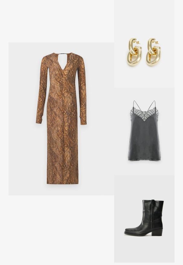 Satinowy szary top na ramiączkach z cienkimi ramiączkami spaghetti oraz przezroczystą, paskowaną koronką na dekolcie, z wycięciem w kształcie litery V.; Sukienka z długim rękawem, z dekoltem w kształcie litery V i otwartym tyłem, z futrzastą brązową teksturą oraz wzorem na całej powierzchni materiału.; Czarne skórzane botki za kostkę z okrągłym noskiem, słupkowym obcasem, bocznym zamkiem i przeszyciami na cholewce. Gładka tekstura, klasyczny design.; Brązowa torba ze skóry z tłoczeniem krokodyla w kształcie cylindrycznym, z metalowymi elementami w kolorze złotym oraz odczepianym paskiem z ćwiekami.; Rabanne XL LINK  DOUBLE HOOP EARRINGS - Kolczyki