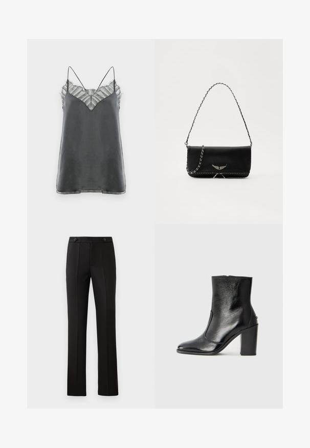 Camisole gri satin cu bretele subțiri și un overlay din dantelă transparentă cu dungi la decolteu, având un design în formă de V.; Pantaloni negri croiți, cu un croi drept, două buzunare frontale, închidere cu nasture și detalii cu pliuri în față. Textură de țesătură netedă.; Botină din piele neagră, cu o textură netedă, vârf ascuțit și toc gros, înalt. Dispune de o deschidere laterală și un design minimalist.; Geantă de mână din piele neagră cu un lanț din argint, având accente decorative în formă de aripi și cusături albe de-a lungul cusăturii de jos.
