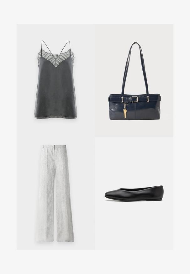 Satin gray camisole with thin spaghetti straps and a sheer, striped lace overlay at the neckline, featuring a V-shaped design.; Light grey, wide-leg trousers made from a textured fabric with subtle vertical lines. Features a front zip closure and belt loops.; Paul Smith TOPANGA - Ballet pumps - black; Navy leather handbag with two long handles, a buckle detail, and a keychain attached. Features a smooth texture and a rectangular shape.