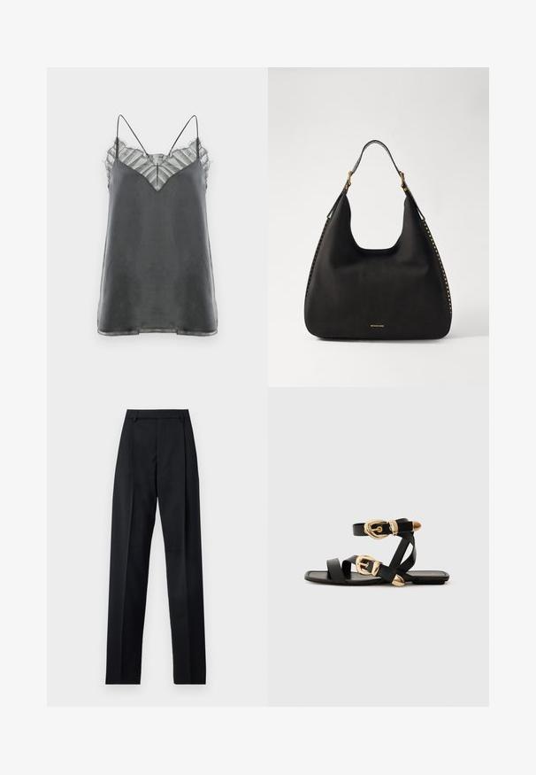 Satiinhallist camisole õhukeste spaghetti-ribadega ja poolläbipaistva triibulise pitskattiga kaeluses, millel on V-kujuline disain.; Mustad püksid siledast kangast, millel on kõrge vöökoht, laiad jalad, esimesed kortsud ja klassikalised vööloopid. Küljepockets pole nähtavad.; Mustad nahast sandaalid kuldsete pandlitega, millel on mitmed rihmad ja lame talladisain avatud varba jaoks.; MICHAEL Michael Kors NOLITA HOBO  - Käekott - black