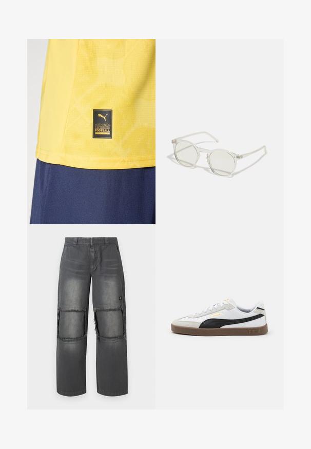 Żółta koszulka sportowa z czarną i złotą etykietą Puma "Authentic Licensed Football" blisko dołu, noszona na ciemnoniebieskich szortach.; Szare dżinsowe spodnie o luźnym kroju, z przetartymi łatami na kolanach, kontrastowym przeszyciem i małym logo po boku.; Białe skórzane trampki z czarnym zamszowym akcentem, okrągły czubek, płaska brązowa gumowa podeszwa oraz tłoczone złote logo na boku. Sznurowadła i wyściełany kołnierz.; Okrągłe okulary przeciwsłoneczne z przezroczystą ramką, jasnooliwkowymi soczewkami i cienkimi, przezroczystymi zausznikami. Posiadają subtelne akcenty sprzętowe na ramce.
