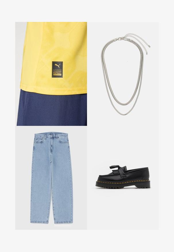 Żółta koszulka sportowa z czarną i złotą etykietą Puma "Authentic Licensed Football" blisko dołu, noszona na ciemnoniebieskich szortach.; Jasnoniebieskie dżinsy o prostym kroju nogawki, z średnim stanem, pięcioma kieszeniami oraz zapięciem na guzik i zamek błyskawiczny.; Czarny skórzany mokasyn z frędzelkowymi akcentami, z masywną czarną podeszwą i żółtym przeszyciem wzdłuż krawędzi. Teksturowane wykończenie.; Trójwarstwowy naszyjnik ze srebrnego metalu z eleganckimi, elastycznymi łańcuszkami o delikatnym połysku, zapinany na karabińczyk i regulowany.