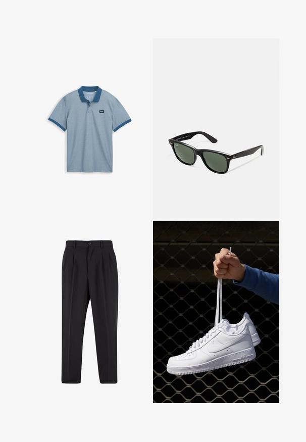 Gai zils polo krekls ar vienkrāsainu tumši zilu apkakli, īsām piedurknēm un mazu auduma etiķeti uz krūtīm, izgatavots no teksturēta kokvilnas materiāla.; Melni brīvie bikses ar krokotu priekšpusi, izgatavotas no gludas auduma. Iespējama poga aizdare un jostas cilpas; taisnu kāju forma.; Baltas ādas sporta apavi ar perforācijām, apaļu purngali, plakanu zoli un biezām šņorēm, ar redzamu swoosh logo un vārdu "AIR" uz papēža.; Melnas plastmasas saulesbrilles ar zaļiem lēciem, kvadrātveida rāmjiem, sudrabainu akcentu uz uzacīm un teksturētām tempļu kājām. Zīmols norādīts uz iekšējās kājas.