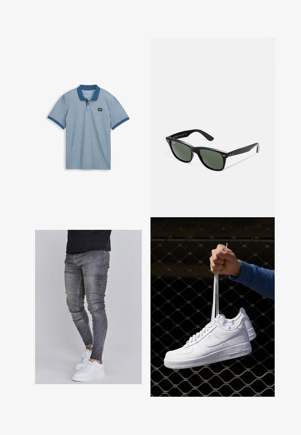 Šviesiai mėlyna polo marškinėliai su vientisu tamsiai mėlynu apykakle, trumpomis rankovėmis ir maža audinio etikete ant krūtinės, pagaminti iš tekstūruotos medvilnės.; Lieknos džinsai iš išbluko pilkos džinsinės medžiagos, su pažeidimais keliuose, derinami su baltais sportiniais batais. Lygi tekstūra, siauras siluetas.; Balti odiniai sportiniai bateliai su perforacijomis, apvalia nosimi, plokščiu padu ir storomis raištelėmis, su matomu swoosh logotipu ir "AIR" ant kulno.; Juodi plastikiniai saulės akiniai su žaliais objektyvais, kvadratiniais rėmeliais, sidabriniu akcentu ant antakio ir tekstūruotais šventyklų šakutėmis. Vidinėje šakutėje nurodyta prekės ženklo pavadinimas.; Sidabrinis nerūdijančio plieno laikrodis su tamsiai mėlynu ciferblatu, metaliniais valandų žymenimis ir datos langeliu 3 valandą. Atsparus vandeniui iki 50 metrų.