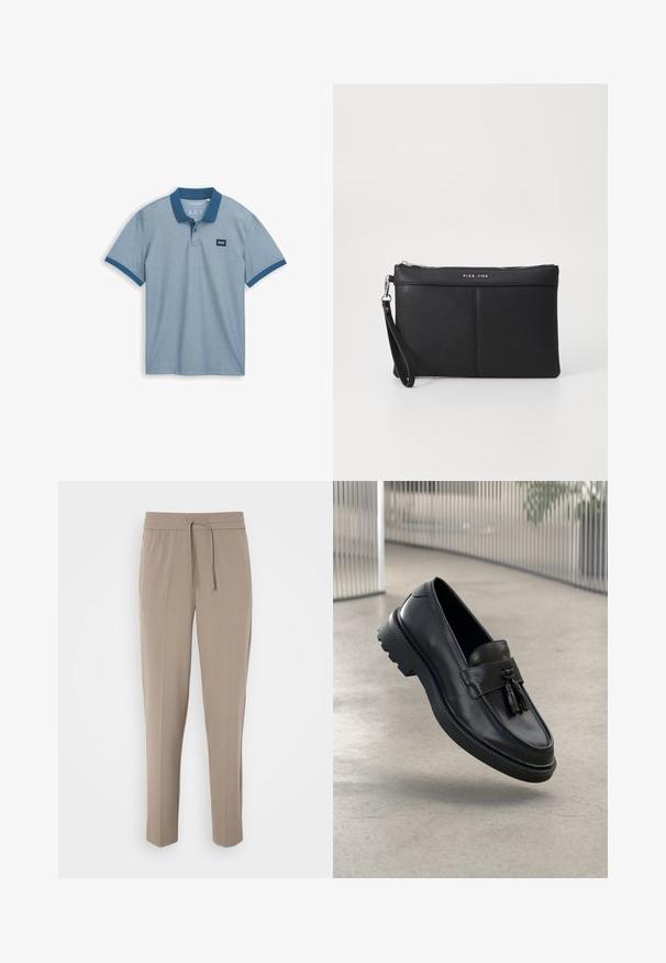 Világoskék pólóing, egyszínű sötétkék gallérral, rövid ujjú, és egy kis textil címke a mellkason, textúrált pamut anyagból készült.; Világos bézs nadrág, rugalmas derékkal, állítható húzózsinórral és tapered lábakkal. Az anyag simának tűnik, enyhe fénylással.; Fekete bőrből készült mokaszinok sima felülettel, díszes bojttal, vastag gumitalppal és varrott részletekkel. Könnyű és elegáns kialakítás.; Fekete szintetikus pénztárca cipzárral, csuklópánttal és sima felülettel. Finom varrás és a logó dombornyomott a fronton.