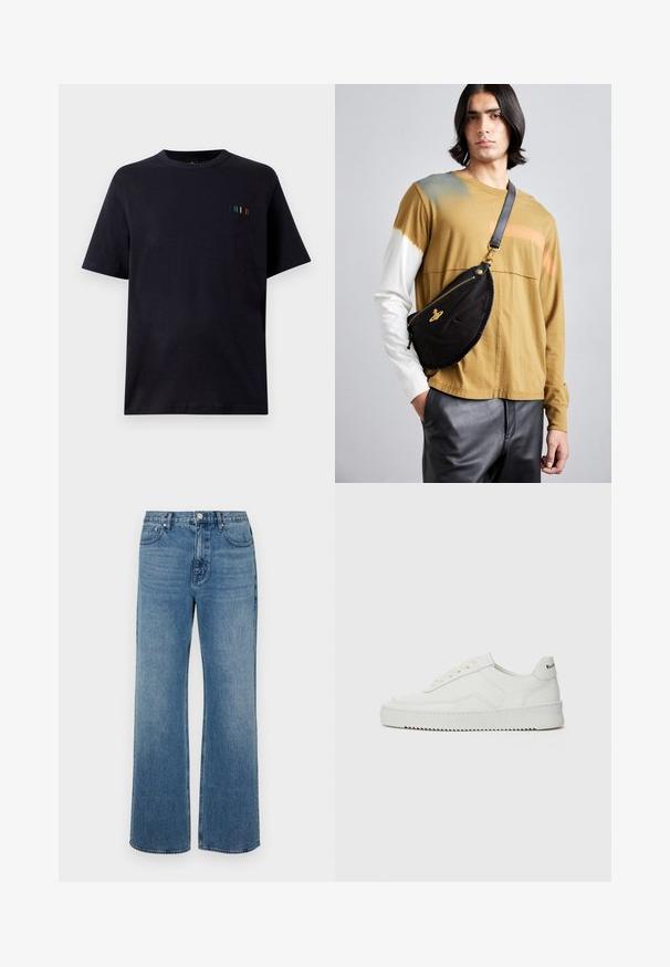 Svart t-skjorte med korte ermer laget av myk bomull, med et lite brodert preg med vertikale linjer i blå, grønn og rød.; Bredde ben blå jeans laget av denim med en falmet finish. Har fem lommer, frontlukking med knapper og rett snitt.; Hvite lærersneakers med en jevn overflate, rund tå, flate lisser og en teksturert såle. Har en subtil logo på hælen.; Vivienne Westwood CITY BUMBAG UNISEX - Rumpetaske - black